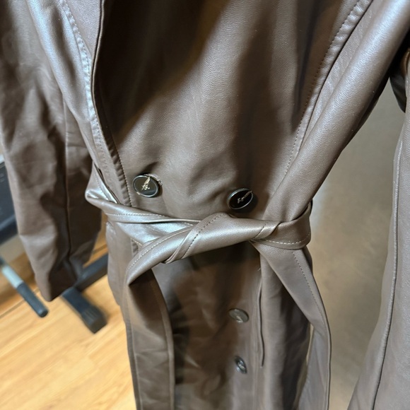 Animari Brown Faux Leather Trench Coat Belted Double Breasted Size Medium - Picture 3 of 8